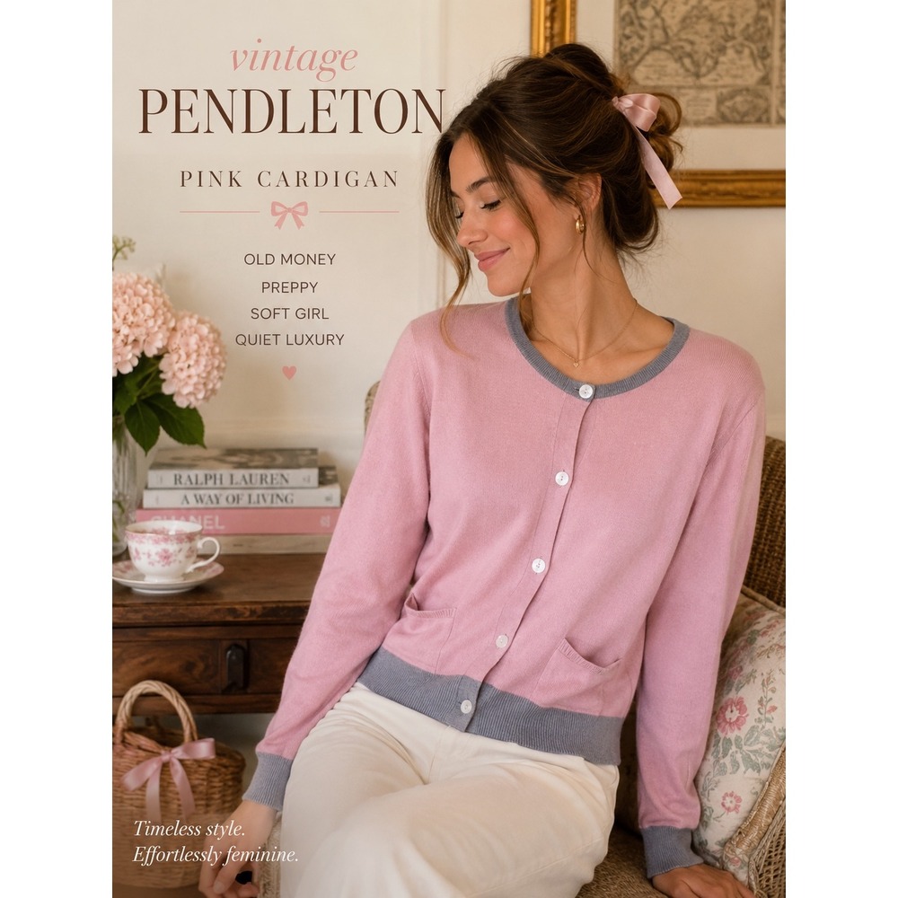Pendleton Pink Gray Trim Cardigan Sweater XL Old Money Preppy Soft Girl